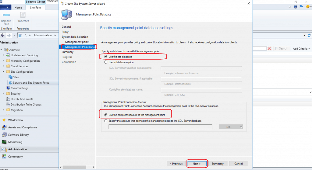 MP Database Settings Install a New SCCM Management Point Role