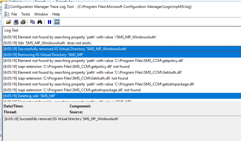 mpMSI.log file entries - Remove Management Point Role 