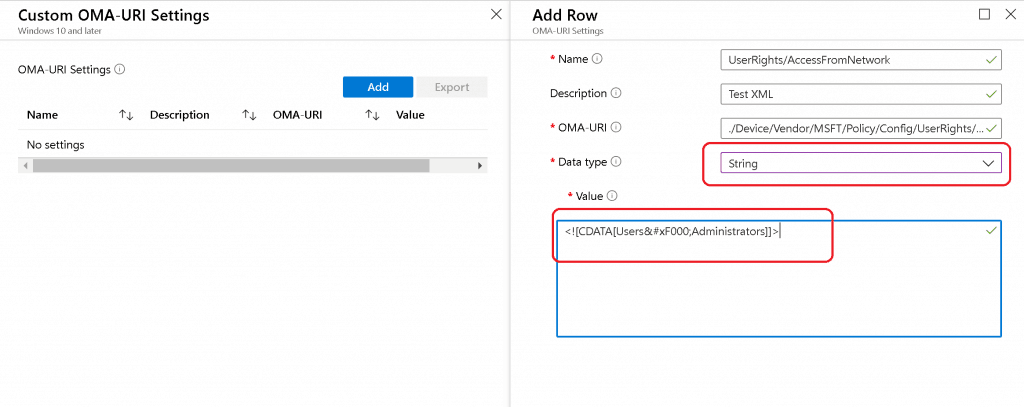 String Option - UserRight/AccessFromNetwork - UserRights Policy