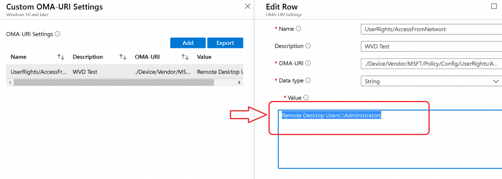 UserRights Policy OMA-URI Settings