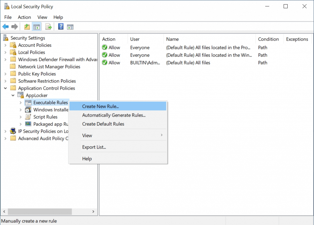 Create AppLocker Policies -   Executable Rules - Create New Role  