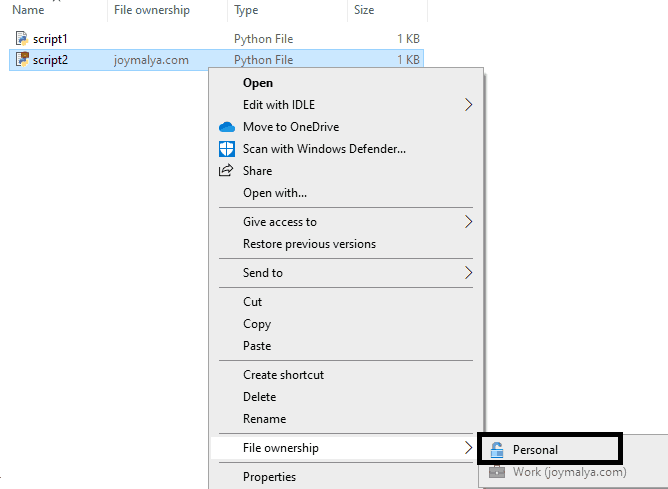 Windows Information Protection - When EDP set to Allow Override, user can change ownership of work file to personal and remove EDP protection. Action is audited!