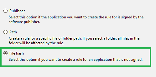 Windows Information Protection - Create AppLocker Exectuable rule for unsigned application using File Hash