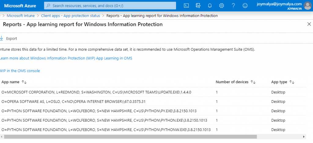 Windows Information Protection - App learning report for WIP gives you an insight to the applications that are not part of WIP policy but are used to access work tagged data.