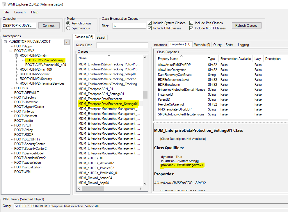 Windiws Information Protection - WMI Classes responsible for traditional management of WIP, facilitated by WMI MDM Bridge Provider 