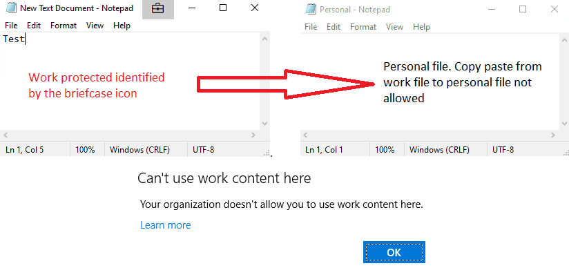 Windows Information Protection - EDP Blocked mode - Copy/Paste action is not allowed from work file to personal file