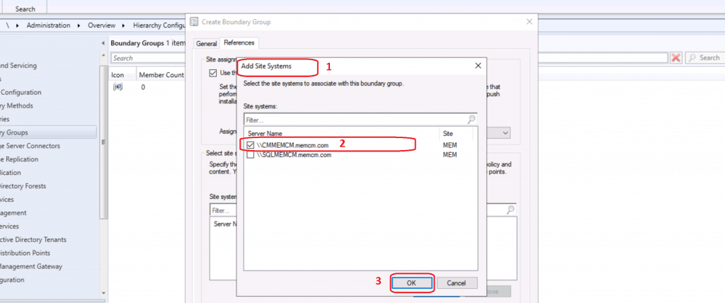 Select the site systems to associate with this boundary group