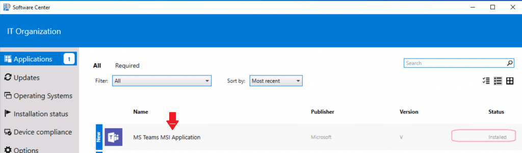 Software Center shows MS Teams application successfully INSTALLED