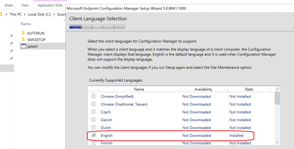 Select the Client Language - Build Configuration Manager Technical Preview LAB