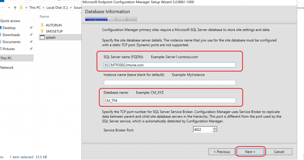 Enter the Database Information - Build Configuration Manager Technical Preview LAB