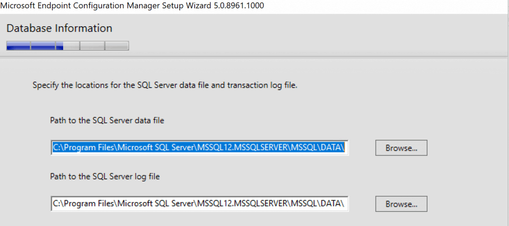 locations for the SQL server data file and transaction log file locations