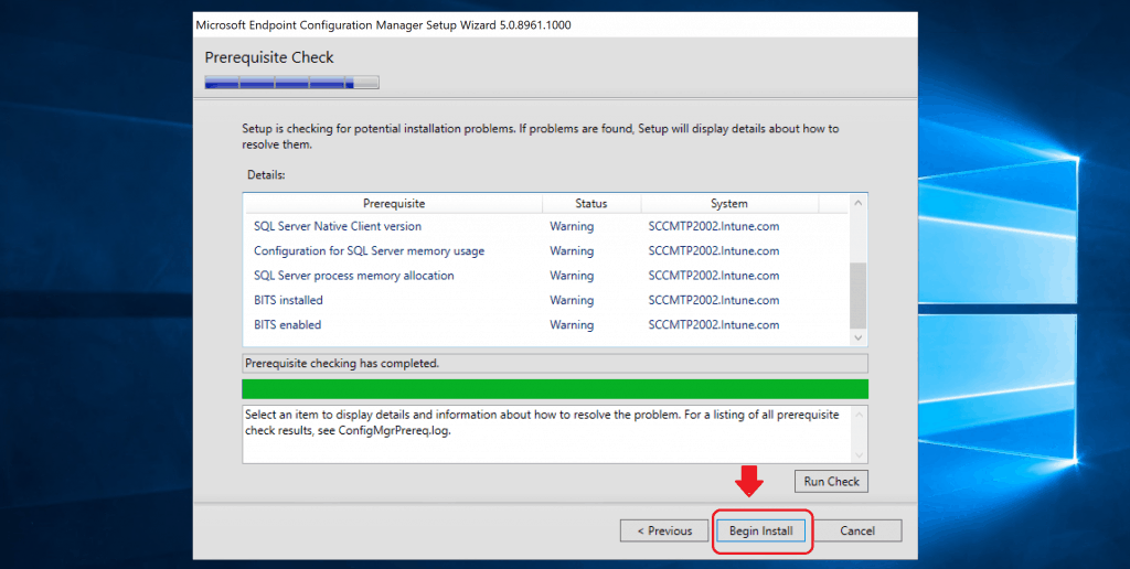 Click on BEGIN INSTALL button to start the installation ConfigMgr Technical Preview LAB primary server