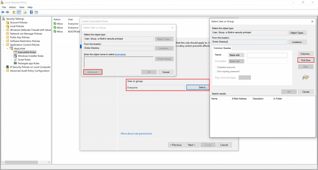 Create AppLocker Policies -   Advanced button