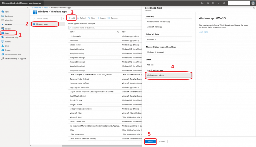 Create Windows Win32 Application using Intune -  Apps -> Windows -> Windows Apps 