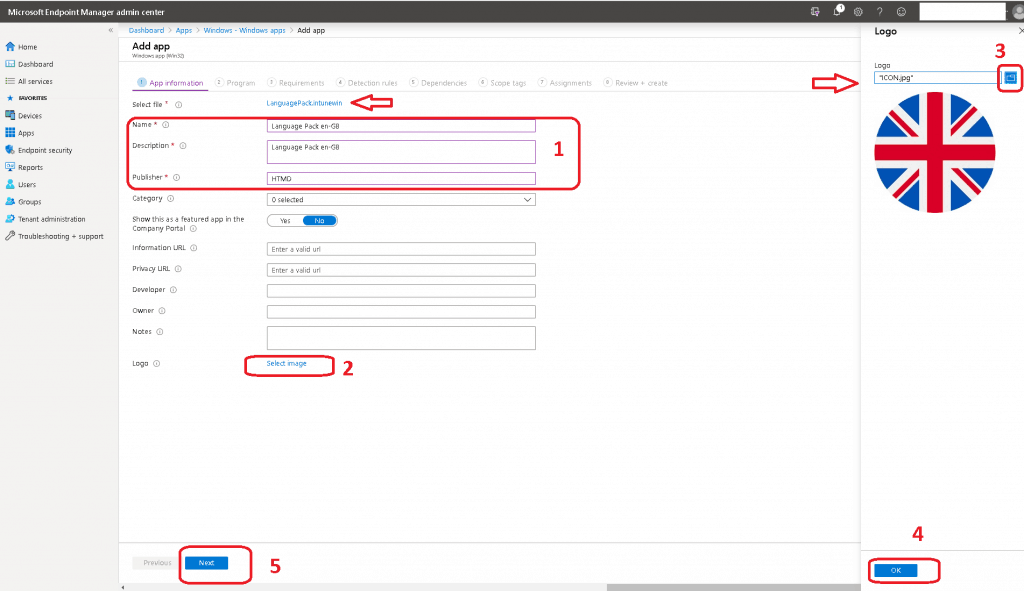 Intune Windows App Win32 - Name, Description, Publisher - Intune Language Pack Deployment