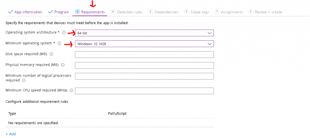 specify the requirements that devices - Deploy Windows App Win32 Using Intune