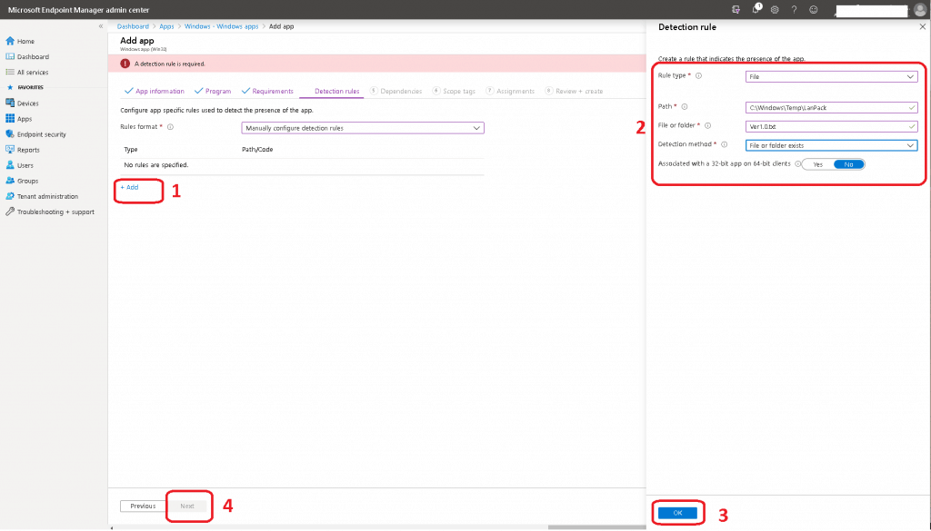 Create a rule that indicates the presence of the app Deploy Windows App Win32 Using Intune