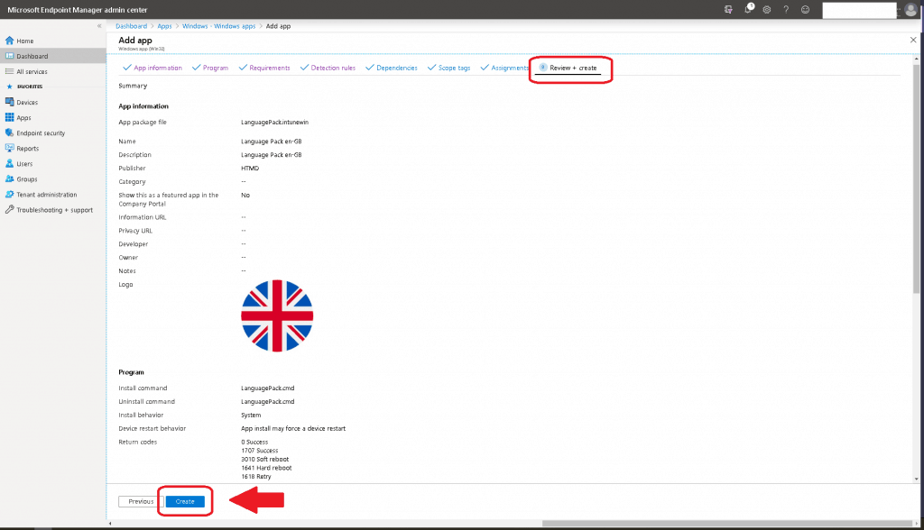 Review + Create - Deploy Windows App Win32 Using Intune