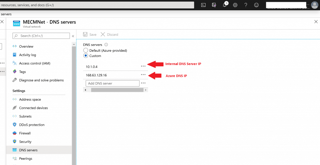 DNS Server Settings for Azure Virtual Networks -  Setup ConfigMgr LAB Infrastructure