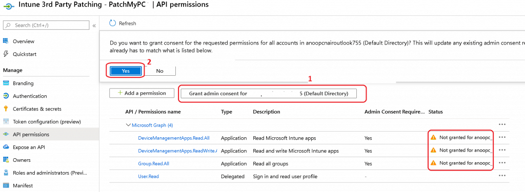 Grant admin consent for "mytenantname" 