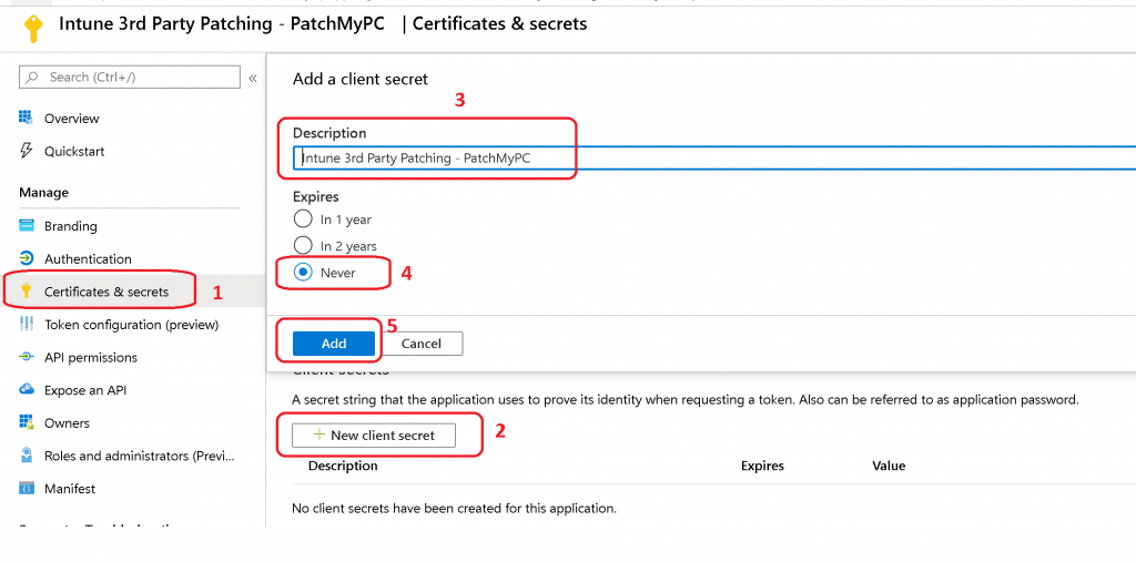 Click on the Certificates & secrets node - Intune Third-Party Patching Automation