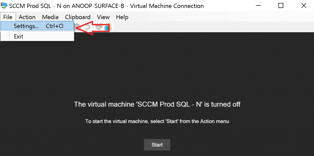 File Settings option of Hyper-V virtual Machine