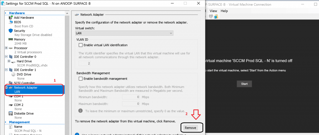 Remove Network Adapter of SCCM virtual Machine