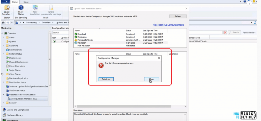 The SMS Provider Reported an Error while upgrading to SCCM 2002 version