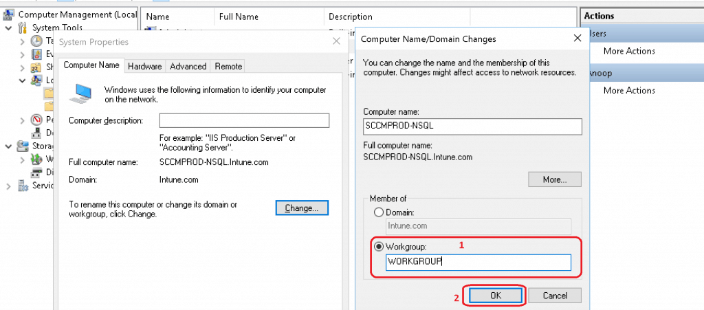 Workgroup option under member of section from Computer name/Domain Change window