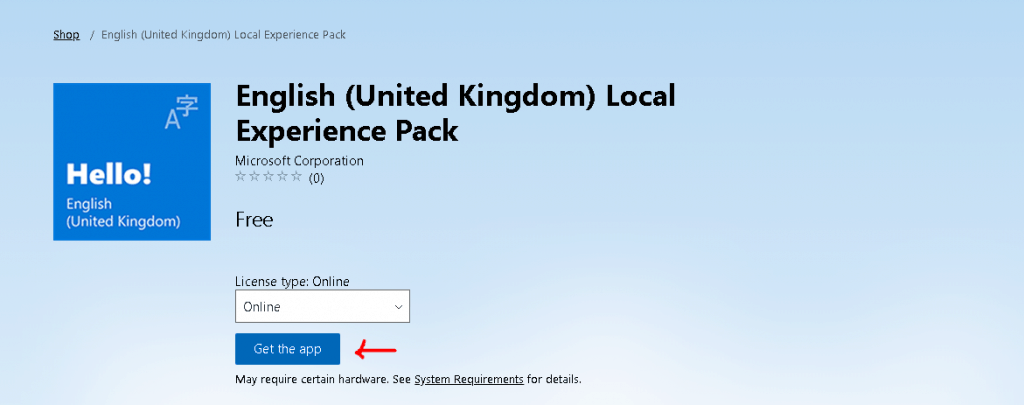 Get the app -  English (United Kingdom) Local Experience Pack - Deploy Windows 10 Language Pack