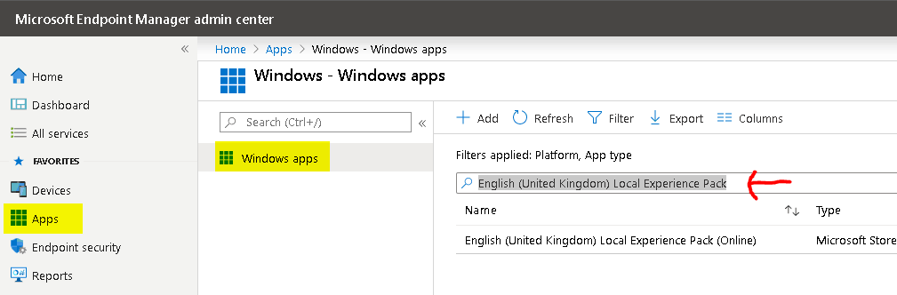 Search "English (United Kingdom) Local Experience Pack" - Deploy Windows 10 Language Pack