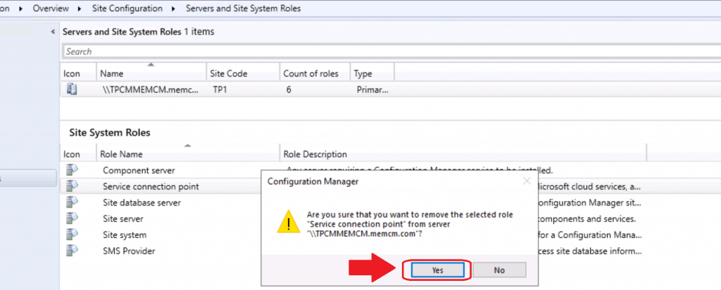 Confirm YES to Delete Service Connection Point Role