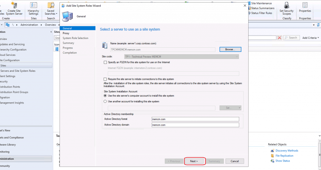 Select the base server as site system for Service connection point reinstall