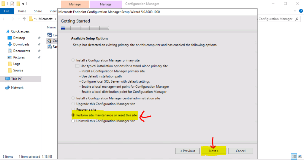 Select the option to Perform ConfigMgr Site Reset