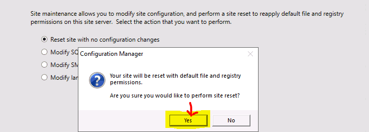 This is kind of warning message - ConfigMgr Site Reset