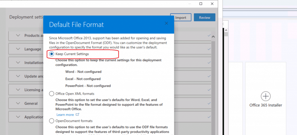 Keep current settings from Default file format options