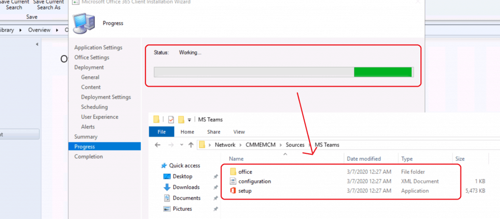 Wait until the Wizard connects to OFFICE CDN and complete the download the source files of MS Teams - Progress