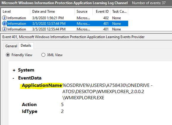 WIP Troubleshooting Checklist - Check EDP-AppLearning events to determine which app has been blocked from accessing WIP protected resource. For Unsigned App it shows the path to the executable.