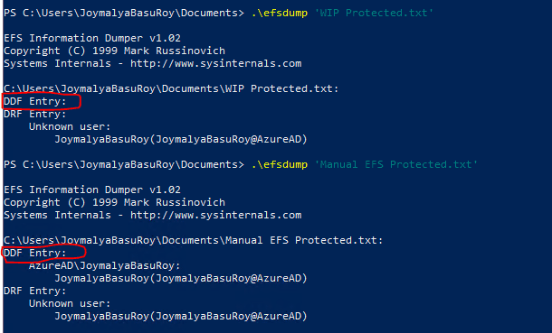 Using EFSDump sysinternal tool to check the protection information - DDF returned is blank for a WIP protected file.