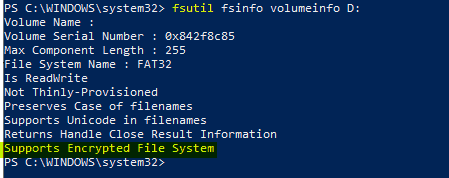 Windows Information Protection - Check using FSUTIL cmdline tool if removable media file format supports EFS