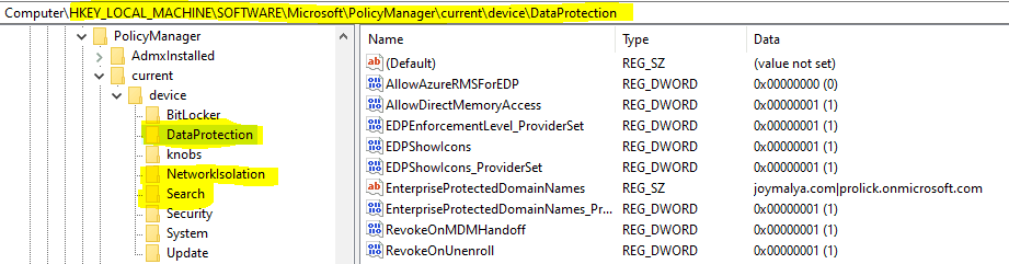 WIP Troubleshooting Checklist - Check registry to confirm present EDP settings 