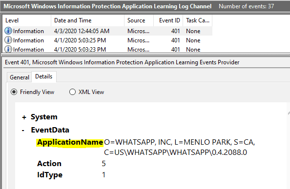 WIP Troubleshooting Checklist - Check EDP-AppLearning events to determine which app has been blocked from accessing WIP protected resource. For Signed App it shows the Publsiher information.