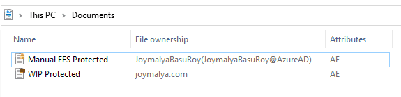 Windows Information Protectetion - File Explorer showing a WIP protected file and a manual EFS encrypted file
