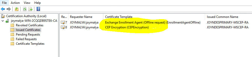 NDES - RA Certificates - CEP Encryption and Exchange Enrollment Agent 