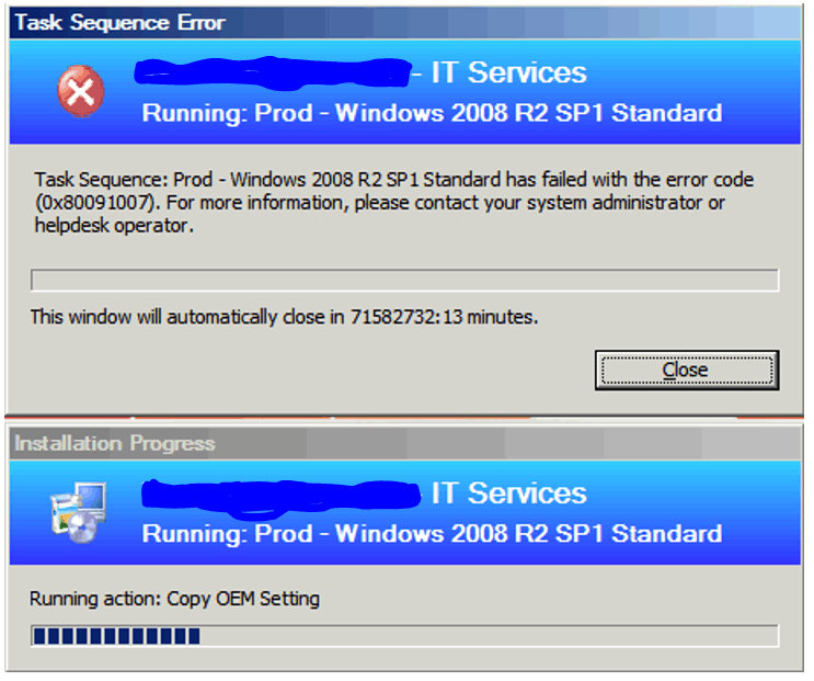 Task sequence failed with 0x80091007