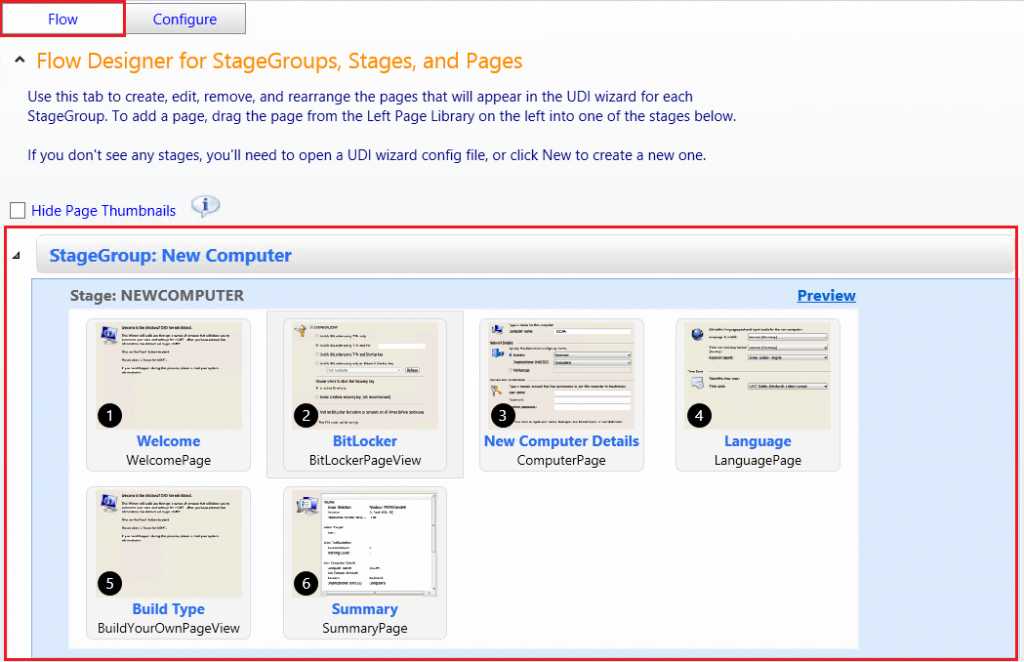 Drag and Drop pages from Page Library within stagegroup, adjust the sequence flow. SCCM ConfigMgr Customizing UDI Wizard