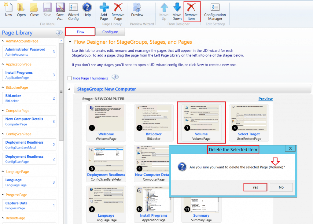 Click Yes - Delete the selected Items - Customizing UDI Wizard