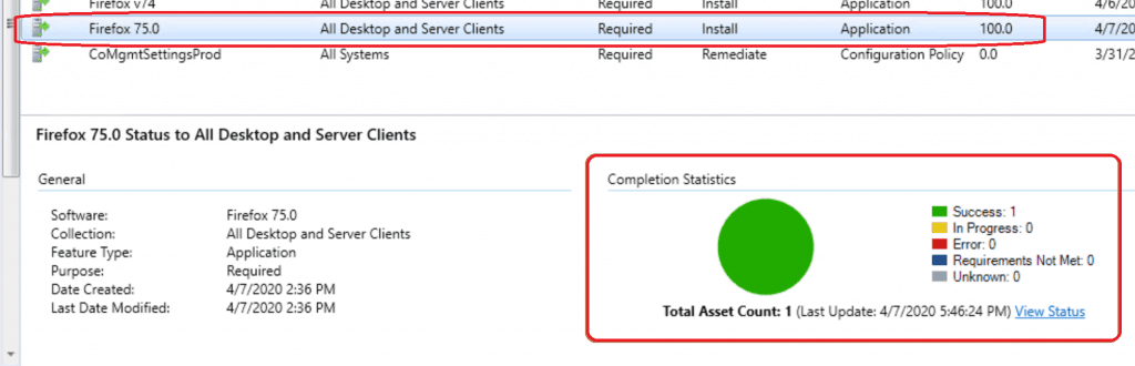 SCCM Console status - Successful deployment for Firefox