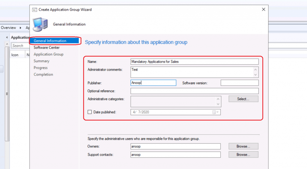 specify information about the app group - Create Application Group Using SCCM