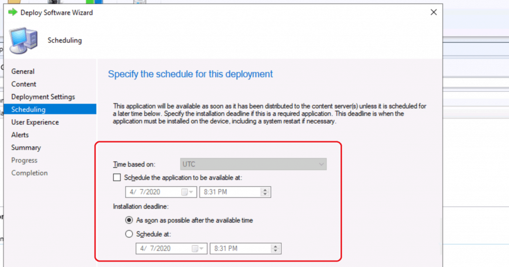 Specify the schedule for this deployment - Create Application Groups Using SCCM